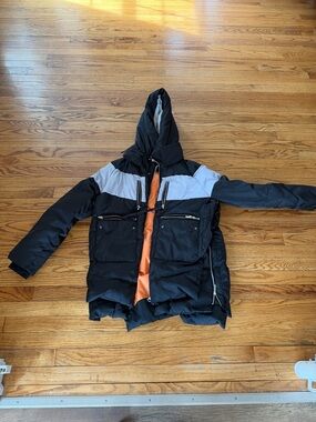 Black & Gray Puffer Coat with Orange Lining